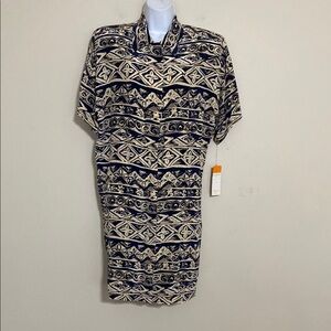 Maggy London navy beige shirt Dress women silk 6 button down soft vacation Y2K